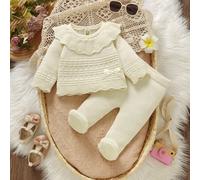 Shein 1 Set Suéter Dulce para Bebé Beige, Suéter con Cuello Abotonado + Leggings para Recién Nacido, Conjunto Elegante de Estilo Princesa Dulce de 2 Piezas