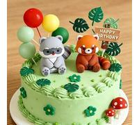 Shein 1 Set Topper de Pastel de Arcilla Blanda con Mapache & Panda Rojo para Niños Pequeños con Globos, Hongos, Hojas Verdes, Estilo Mori, Primer Cumpleaños