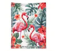 Shein 1 Stück Flamingo & Tropische Blumenmuster Weiche Flanell-Kuscheldecke - Ganzjahres-gesteppter Polyester-Strickstoff, Digitaldruck, Leichte warme Deck