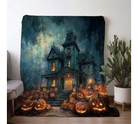 Shein 1 Stück Halloween Haunted House & Pumpkin Print Flanelldecke - Weiche, warme, gänzlich für die Saison geeignete Wurfdecke für Sofa, Bett, Auto, BÃ