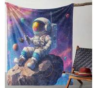 Shein 1 Stk. Astronauten Weltraum Planeten Druck Flanelldecke - Weiches Warmes 250-Gewebe Gewicht, Vintage Stil Ganzjahres-Überwurf mit Digitaldruck, Astron
