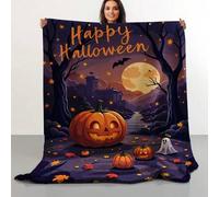 Shein 1 Stk. Gemütliche Spooky Pumpkin Patch Wurfdecke - Plüschweiche Flanell mit Retro-Halloween-Design, Fledermäusen, Geistern & Sternen - Ganzjahres-Bett