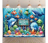 Shein 1 Tela de fondo con animales marinos lindos, Bienvenidos al mundo submarino, Pancarta de fondo del mundo submarino, Decoración de fiesta oceánica, Pan