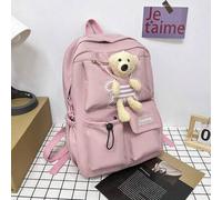 Shein 1 x Mochila escolar informal con colgante de oso bonito con parche de letras, cordón frontal, gran capacidad, ideal para adolescentes/regreso a la esc