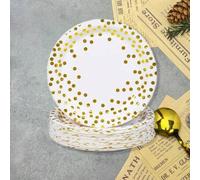 Shein 10/20/40 piezas Platos de papel blancos y dorados, platos desechables de 7 pulgadas con lunares metálicos de oro para fiestas de postres, cócteles, cu