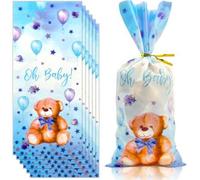 Shein 10/20/50/100 piezas Bolsas de regalo para baby shower OH BABY azul, bolsas de dulces con oso y lazo dorado, adecuadas para revelación de género, baby