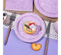 Shein 10/20/50/80 piezas,Vajilla desechable con motas de purpurina lavanda púrpura,Platos de papel de 7 pulgadas y 9 pulgadas con estampado brillante y cent