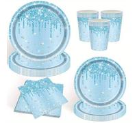 Shein 10/20/50 piezas, Juego de platos de papel con diamantes de purpurina azul claro y flujo, que incluye platos de papel desechables de 9 pulgadas y 7 pul