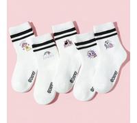 Shein 10/5/1 par Calcetines deportivos transpirables para niñas/niños, estilo de rayas escolares, patrones de arcoíris pastel de dibujos animados/letras/Min