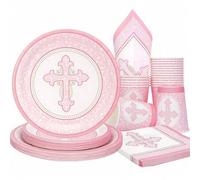 Shein 10 piezas/20 piezas/50 piezas/80 piezas Juego de vajilla de platos, vasos y servilletas de color rosa, adecuado para la fiesta de la Primera Comunión,
