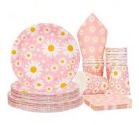 Shein 10 piezas/20 piezas/50 piezas/80 piezas Juego de vajilla desechable para fiesta de cumpleaños con margaritas felices, platos, vasos, servilletas y cub