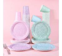 Shein 10 piezas/20 piezas/50 piezas, Juego de vajilla desechable de fiesta con platos y vasos de papel con brillo arcoíris pastel (rosa/morado/menta/azul),