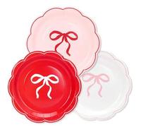 Shein 10 piezas/20 piezas/50 piezas Platos de papel con lazo rojo, rosa y blanco de 7 pulgadas con borde ondulado rojo, platos desechables para cena para bo