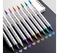 Shein 10 piezas/20 piezas Marcadores de doble punta metálicos, una punta de pincel y una punta fina, adecuados para álbumes de fotos DIY, tarjetas negras, s