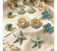Shein 10 piezas/5 pares de pendientes de acero inoxidable con esmalte azul estilo bohemio de lujo INS, conjunto de estilo oceánico con borde dorado en relie