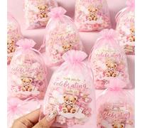 Shein 10 piezas Bolsas de organza con oso rosa, bolsas de embalaje de regalo, cumpleaños, fiesta de revelación de género, bolsas de bocadillos con cordón, b