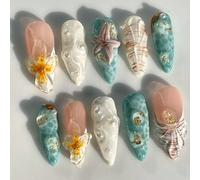 Shein 10 piezas/Caja Pegatinas de uñas largas y puntiagudas, diseño con tema oceánico con perlas, conchas y decoración floral 3D, incluye lima de uñas y gel