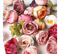 Shein 10 piezas Conjunto de flores de rosa artificiales y capullos, adecuado para decoración de pasteles, elaboración de coronas, decoración de fiestas de c