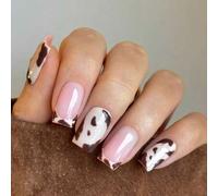 Shein 10 piezas de pegatinas de uñas cuadradas medianas-cortas con estampado de vaca marrón cacao, de moda diaria minimalista, personalizadas, tipo "Ins Hot