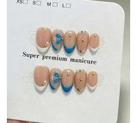 Shein 10 piezas de pegatinas de uñas francesas de color azul y blanco en forma de almendra corta, hechas a mano, con bordes de lámina de oro, patrones pinta