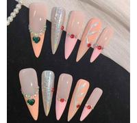 Shein 10 piezas de uñas postizas hechas a mano con estilo dulce y soñador, base en polvo claro y en polvo, combinadas con piedras de colores, tesoros con