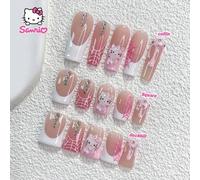 Shein 10 piezas de uñas de Halloween hechas a mano de Sanrio, puntas de uñas francesas blancas para aplicar, decoraciones 3D de Hello Kitty y cristales para