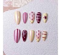 Shein 10 piezas de uñas postizas con forma de almendra hechas a mano con patrones a rayas amarillas y rosas, lunares y estilo dopamina de colores. Estas uña