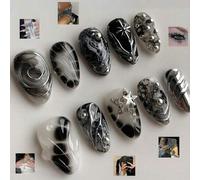 Shein 10 piezas de uñas postizas con forma de almendra mediana, estilo Y2K Dark Millennium con patrón espiral 3D plateado + decoración de estrella plateada