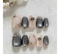 Shein 10 piezas de uñas postizas cortas hechas a mano, estilo Y2K, ojos de gato rojos premium, flores doradas pintadas a mano en 3D, uñas apiladas con múlti