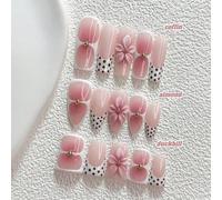 Shein 10 piezas de uñas postizas de estilo suave hechas a mano, set de arte de uñas de polygel, decoradas con flores de cerezo y cuentas doradas, esmalte de
