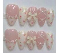 Shein 10 piezas de uñas postizas de estilo Y2K con forma de almendra, diseño de flor y perla, estilo francés de manicura, diseño de lazo y bailarina, minima