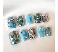 Shein 10 piezas de uñas postizas en forma de ataúd cortas con textura de metal, decoración 3D de remaches, efecto cromado plateado, estilo "mermaid tears" a