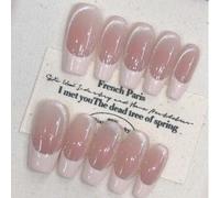 Shein 10 piezas de uñas postizas hechas a mano con base de polvo de rubor, color de borde de cuero, estilo francés de ojos de gato, uso diario, blanco, desm