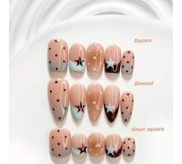 Shein 10 piezas de uñas postizas minimalistas hechas a mano, set de arte de uñas de polygel, patrón de estrellas & lunares, esmalte de uñas azul & marrón, e