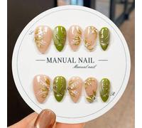 Shein 10 piezas Elegantes pegatinas de arte de uñas de estilo natural con dorado pintado a mano, puntos blancos, contraste de rosa desnudo y verde oliva, fo