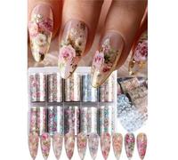 Shein 10 piezas Juego de Pegatinas de Arte de Uñas, Pegatinas Metálicas de Patrón Festivo, Pegatinas Metálicas de Rosas de País con Láser, Adecuado para Dec