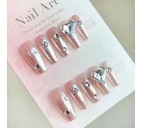 Shein 10 piezas Juego de uñas postizas con forma de ataúd largas de color rosa desnudo con decoración de corazón y strass, uñas de prensado, artículos para