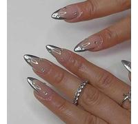 Shein 10 piezas Kit de uñas postizas hechas a mano con diseño de onda transparente plateada con brillo, decoración de piedras preciosas, estilo elegante min