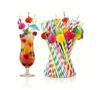 Shein 10 piezas Pajitas de papel con paraguas de frutas y flamencos, pajitas desechables, decoraciones de cóctel para fiesta de verano en la playa tropical