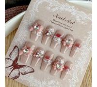 Shein 10 piezas Pegatinas cortas de uñas con encaje suave, marca Ins, hechas a mano con diseño de rubor descarado y lazo para fiestas y uso diario, suminist