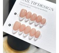 Shein 10 piezas/set de puntas de uñas en forma de almendra hechas a mano, estilo simple, con puntas francesas blancas pintadas a mano sobre una base de colo