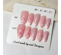 Shein 10 piezas/set Uñas postizas estilo stiletto hechas a mano con flores 3D, degradado francés en color rubor, centros de perla y brillo de cristal para u