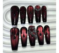 Shein 10 PIEZAS Uñas postizas de color rojo sangre oscuro "Chica Caliente" hechas a mano con efecto de ojo de gato rojo sangre, gotas de sangre y diamantes