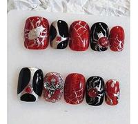 Shein 10 uñas cuadradas cortas en esquema de color rojo y negro, diseñadas en estilo dark hot girl y estilo punk heavy metal, con decoraciones de ángeles me