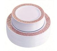 Shein 100/50/30/25/10/5/1 pieza Plato de plástico color oro rosa, diseño de encaje y borde hueco, elegante plato para postre/tarta/ensalada, tamaños 7.5"/10