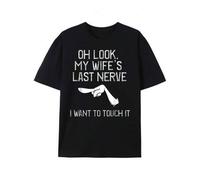 Shein [100% Cotton Breathable Retro Graphic Tee With "Oh Look My Wife's Last Nerve" Design, All-Season Casual Wear For Dad, Outdoor & Yoga, Classic Black, H