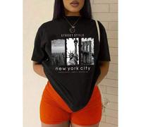 Shein 100% Cotton Pattern Printed Short-Sleeved T-Shirt STREET STYLE New York City EMPIRE STATE LIBERTY BROOKLYN Graphic Tees Women Tops Summer T-Shirt For