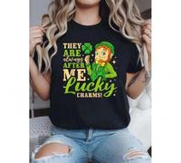Shein 100% Cotton They Are Always After Me Lucky Charms, St. Patricks Day T-Shirt Print Shirts Print Crew Neck T-Shirt, Women Graphic T Shirts, Casual Short