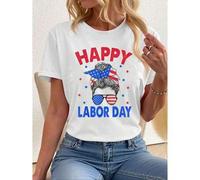 Shein 100% Cotton Top Happy Labor Day Shirt For Women Messy Bun Labor Day USA Flag T-Shirt Summer Outfits For Women