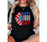 Shein 100% Cotton Top Happy Labor Day Sunflower American Flag Men Woman T-Shirt Summer Outfits For Women